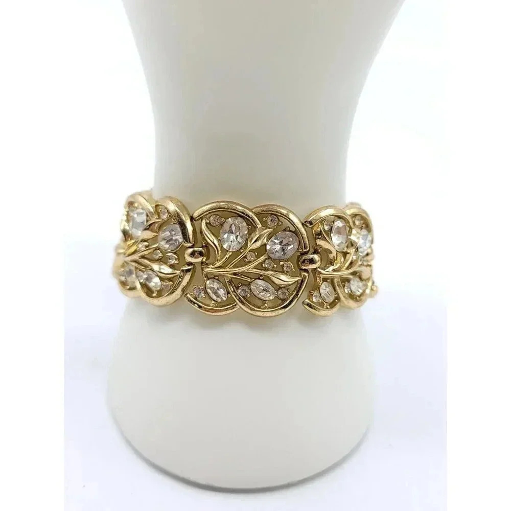 Trifari Wide Clear Rhinestone Gold Tone Statement Link Bracelet Early 1950s